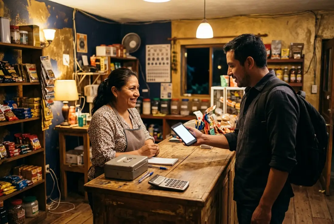 Encargado de un local de envíos atendiendo a un cliente que muestra su celular