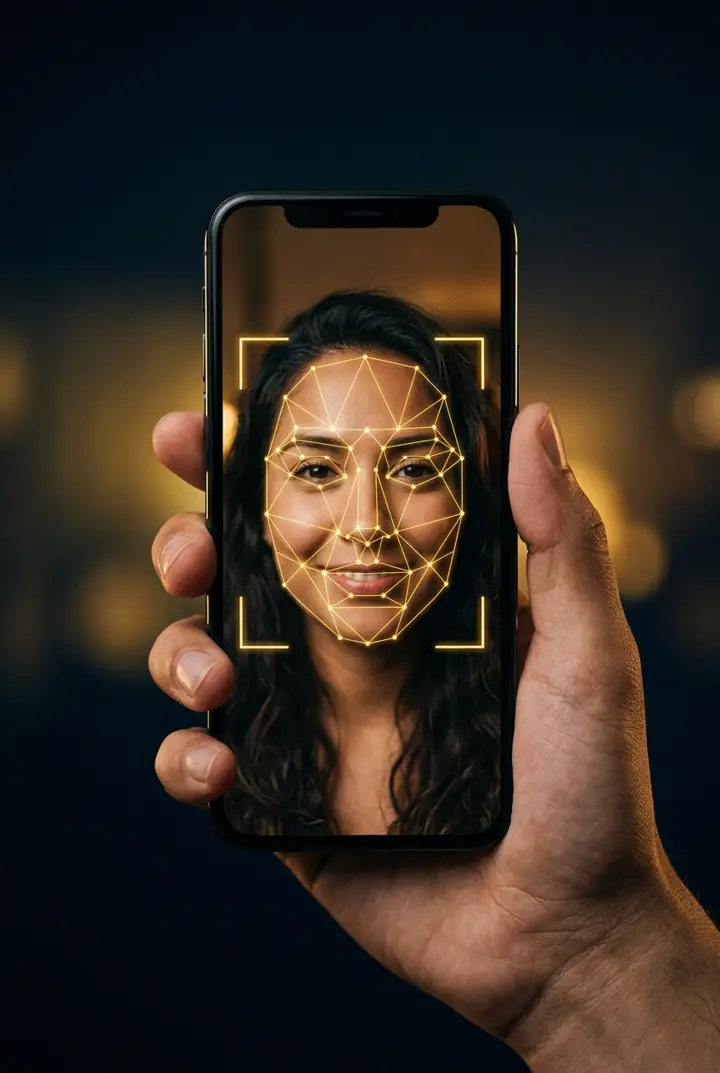 Celular verificando el rostro de una persona con prueba de vida